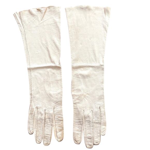 Hochschild Kohn Made in France White Gloves kid leather elbow length opera FLAWS - Picture 1 of 7